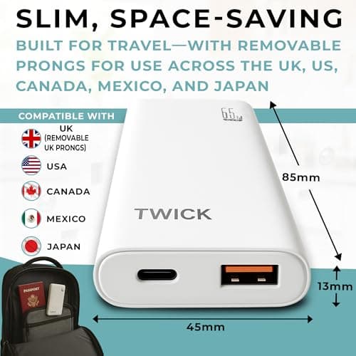 TWICK 65W GaN USB-C Charger, Dual USB-C & A Ports, Foldable US Pins with Removable UK Adapter, Multi-Port Travel Charger Compatible with Laptops, MacBook Pro, iPad, iPhone 17/16,15, Galaxy & Pixel — view 2