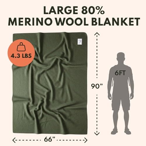 Woolly Mammoth Woolen Company Camping Essentials Merino Wool Blanket - 66in x 90in, Hunter Green, Modern Twill - Thermal Camping Blankets for Adults & Survival Use — view 2
