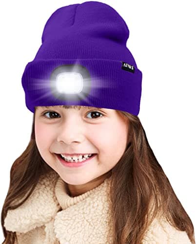 ATNKE Kids LED Lighted Beanie Cap, USB Rechargeable 4 LED Headlamp Waterproof Winter Warmer Knit Night Hats with Light for Boys Girls/Purple