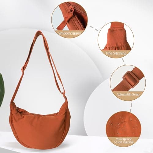 GoPaw Crescent Bag for Women, Nylon Half Moon Bag Women Crossbody Bag with Adjustable Strap, Solid Color Dumpling Bag Portable Crescent Purse for Daily Use(Orange) — view 4