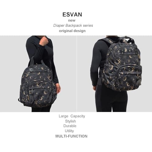 Diaper Backpack Large Capacity Multifunctional Baby Essentials Travel Pack Linen Canvas Laptop Bag, Corduroy Black Moon, L, Back Side Sleeve — view 6