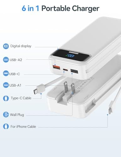 aonidi Portable Charger 20000mAh with Built-in Cables&AC Wall Plug, White — view 2