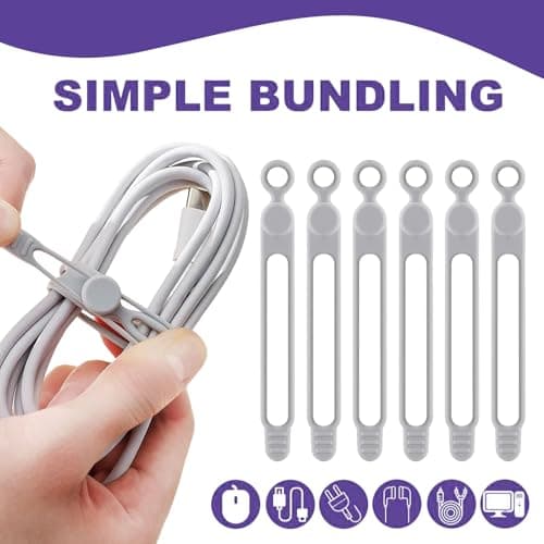 Silicone Cable Organiser Straps, 6pcs Reusable Elastic Cable Ties for USB Cables, Phone Chargers, Earphones & Wires, Multi-Colour Cord Management Wraps for Home Office Travel (White) — view 2