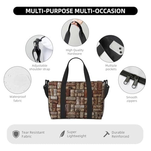 Wine Cork Printed Travel Bag Duffle Bag for Men Women, Large Water Resistant Gym Bag Weekend Holdall Bag with Shoulder Strap — view 3