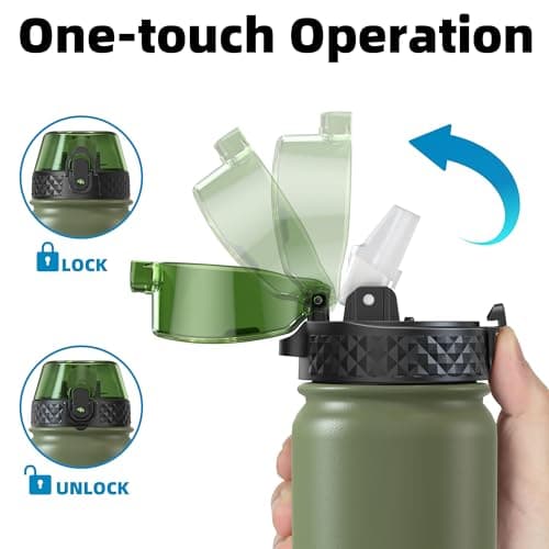 OLDLEY Stainless Steel Water Bottle with Straw 1L Vaccum Insulated Large Drink Flask Metal Water Bottles 1 Litre Leakproof Keep Drinks Hot Cold for Camping Sports Gym Adult Women Men(Olive, 1 Lid) — view 3