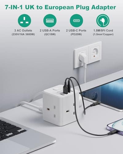 UK to European Plug Adapter with 1.5m Cable, PD20W USB-C, Type E/F — view 2