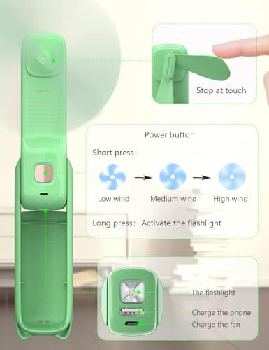 LETSCOL Handheld Mini Fan, 3 in 1 Hand Held Cooling Device, Portable and Personal with Power Bank & Flashlight, Foldable for Travel, Desk, Makeup (Light Green) — view 5