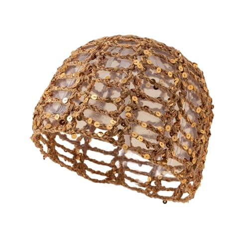 Julpsk Women's Summer Glitter Sequin Beanie Boho Hollow Out Crochet Hat for Beach Travel Party, Coffee, One Size