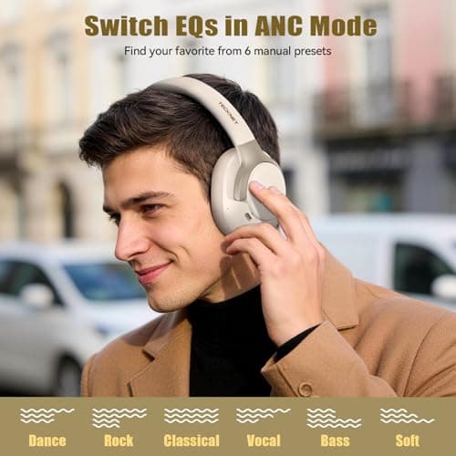 TECKNET Active Noise Cancelling Headphones, wireless headphones bluetooth 6.0, 70H Playtime and 6 EQ Music Modes with 3.5mm Cord, over ear headphones wireless & Wired for Home Travel Office, White — view 3