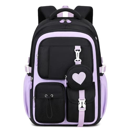 QIXIHU School Bag for Girls, Cute Aesthetic Kids Backpack for Primary School, Large Casual Rucksack Travel Bookbag with Heart Coin Purse
