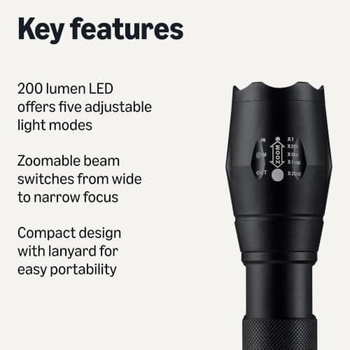 Amazon Basics Handheld LED Flashlight with 5 Light Modes - 200 Lumen Zoomable Handheld Torch - Water Resistant Aluminum Flashlight with Lanyard - Batteries Included - Black — view 2