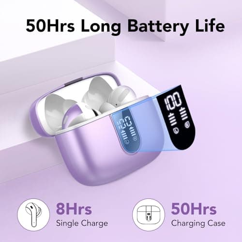 IKT Ear Buds Wireless Earbuds, 50Hrs Playtime Bluetooth Earphones, Bluetooth Headphones 5.3, In Ear with 4 ENC Call Noise Cancelling Mics, Bass Boost 85%, Mini Earbuds IPX7 Waterproof, USB-C(Purple) — view 3