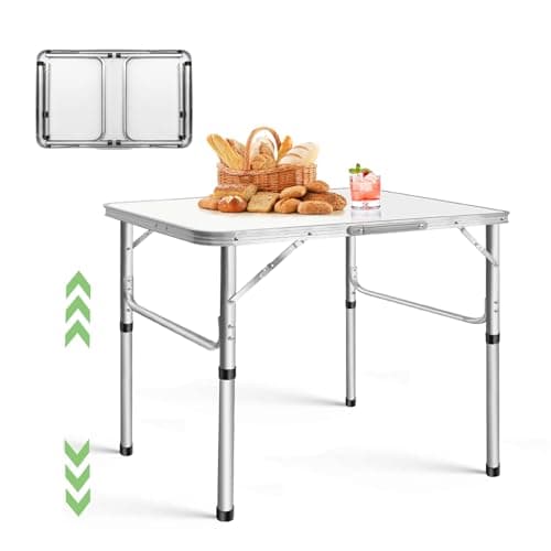 HSHa Camping Table 75 x 55 x 70cm Compact Aluminium Picnic Table Adjustable Height 33/70cm Folding Table Picnic Table w/Carry Handle for Camping Party Picnic White