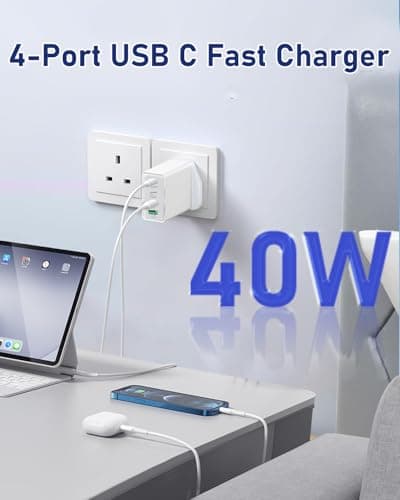 Ozzgen 40W 4-Port UK USB C Fast Charger Plug | Dual PD20W USB-C & 2 USB-A Mains Adapter, Compact Fast Wall Charger for iPhone 16/15/14 Pro Max, iPad, AirPods, Samsung, Travel Home Multi Device Charger — view 3