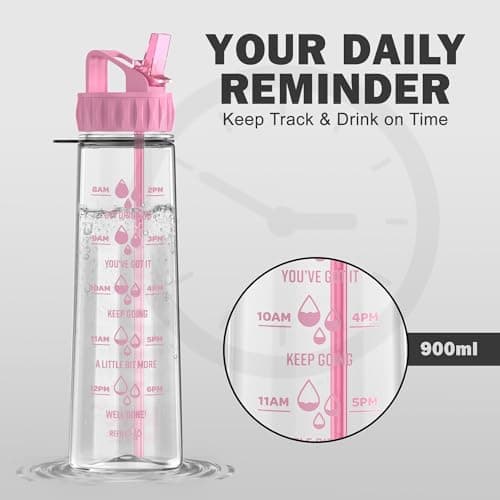 More Water Bottle With Straw, Motivational Time Markings 900ml - Drinking Tracker Bottles - Times to Drink - BPA Free Sports Bottles — view 3
