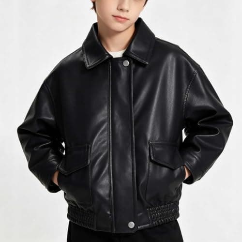 TTHVYE Kids Outdoor Casual Jacket Boys Girls Faux Leather Long Sleeve Zippered Lapel Vintage Biker Style Warm Top for Children Age 1-13 Years Windproof Athletic Daily Travel School Walking​ — view 5