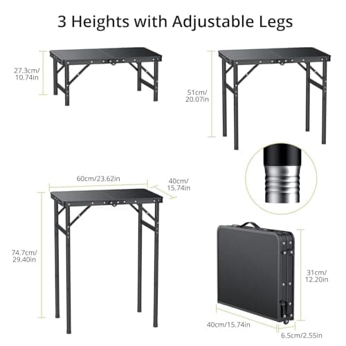 Anbte 2ft Folding Camping Table Max 74 cm, 3 Adjustable Heights Aluminum Small Folding Table with Storage Net & Portable Handle, Lightweight, for Travel Outdoor Beach Picnic Indoor, 60 x 40 cm, Black — view 3