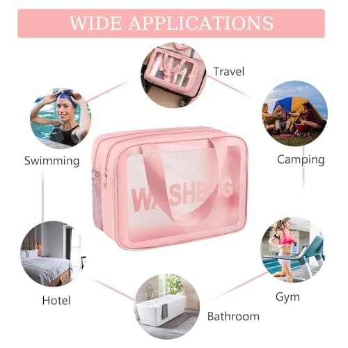 Clear Toiletry Bag, Wet Dry Separation PVC Makeup Cosmetic Bag, Large Capacity PVC Wash Bags with Handles for Women Girls Pink — view 6