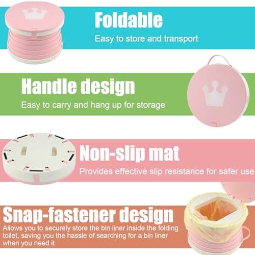 DRERIO Folding Travel Potty Portable Toddler Toilet Potty,Child's Training Seat Carry Potty with a Buckle and Handle, Weight Capacity 60 kg for Kids, Car, Indoor, Outdoor Travel (Pink) — view 3