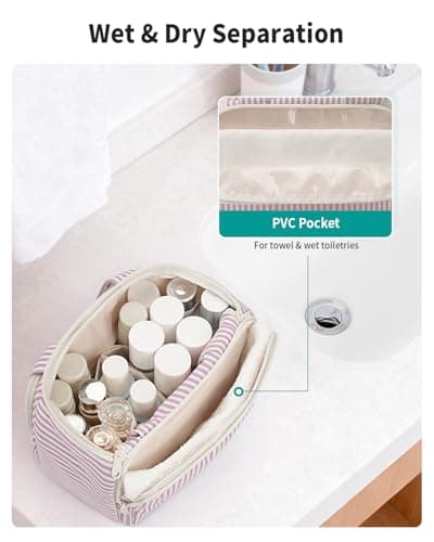 Narwey Large Toiletry Bag for Women, Travel Wash Bag Women for Full Size Toiletries, Wide Open Toiletries Bag Makeup Cosmetic Organizer Bag for Essentials Accessories (Dusty Rose Stripe) — view 4