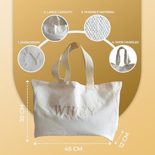 JRP. Bride, Wifey, Team Bride, Canvas Embroidered Large Shoulder Tote Bag - For Hen Party, Weddings, Honeymoon, Wedding gifts (Wifey) — view 3