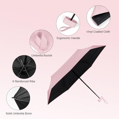 Aolso Travel Umbrella, 6 Ribs Mini Folding UV Sun Rain Windproof Umbrella with Capsule Case for Men Women (Pink) — view 6