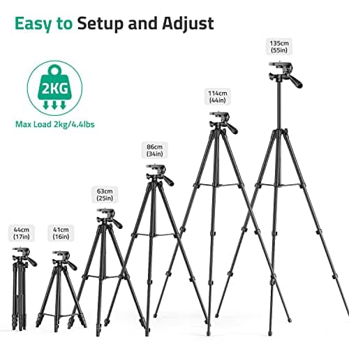 Lightweight Tripod 55-Inch/135cm, Video/Phone/Light Camera Tripod Stand with Wireless Remote Shutter, Phone Clip, Carry Bag for Travel/YouTube Video/Photography/Vlog, Compatible with iOS & Android — view 3