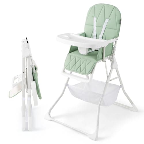 COSTWAY Foldable Highchair for Babies and Toddlers, Compact Lightweight High Chair with 3-Position Adjustable Tray & Footrest, Removable Seat Cushion (Green with Basket)
