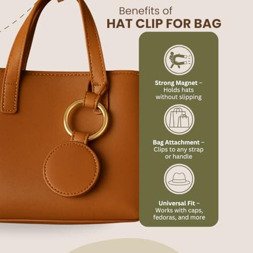 GALAXY BEAUTY Magnetic Hat Clip for Bag Travel (Brown) - Hands Free Hat Holder Clip for Backpack, Luggage, Purse - Leather Cap Clip with Gold Carabiner Key Ring — view 2