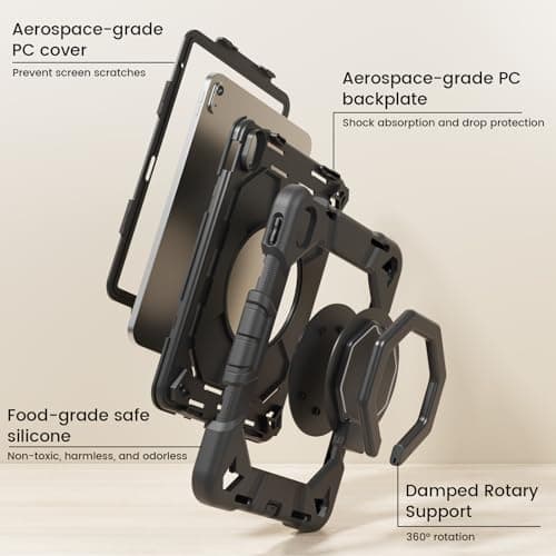 KVTVOU Case for iPad (A16) 11th Generation 2025 / iPad 10th Generation 2022 10.9 Inch, Military Grade TPU Drop Protection Cover, 360° Rotating Stand/Pencil Storage/Shoulder Strap, Black — view 3