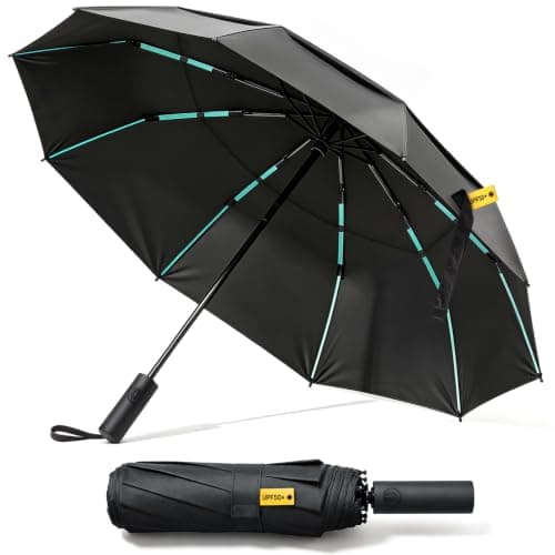 Zukdure Windproof Umbrella, 10-Rib Strong Umbrella Upgraded Reinforced Fibreglass Frame Double-Layer Ventilated Anti-Flip Canopy Quick-Dry Water-Repellent Fabric Travel Business Black