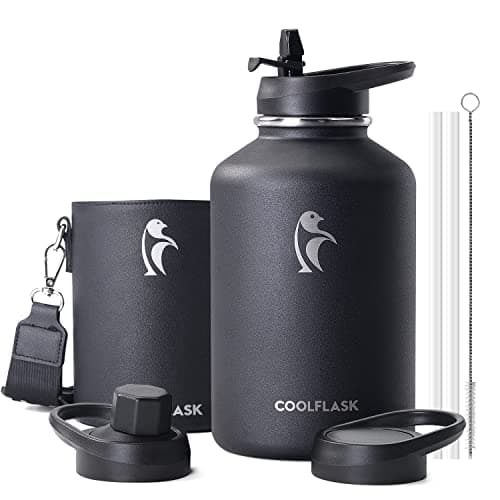 Coolflask 2L Water Bottle Insulated with PU Leather Sleeve & 3 Lids