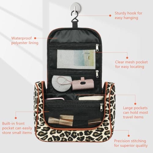 OSDUE Hanging Toiletry Bag for Men Women, Large Capacity Wash Bag with Hook and Handle, Waterproof, Makeup Organizer, Travel Accessories, Leopard Print Travel Washbag — view 3