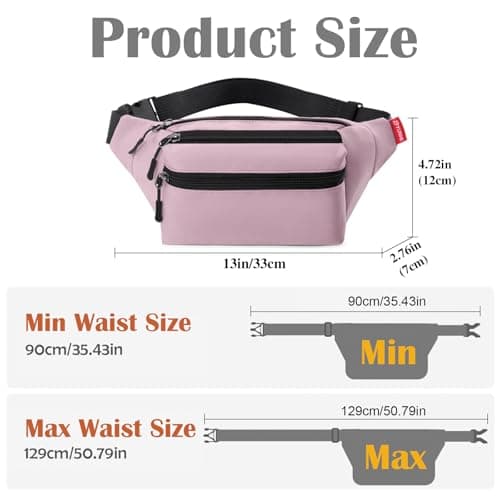 Risipu Bum Bag for Men Women, Lightweight Water-Resistant Waist Packs with Adjustable Belt & 3 Zipper Pockets, Fashionable Fanny Pack for Travel, Running, Hiking, Cycling (Pink) — view 3