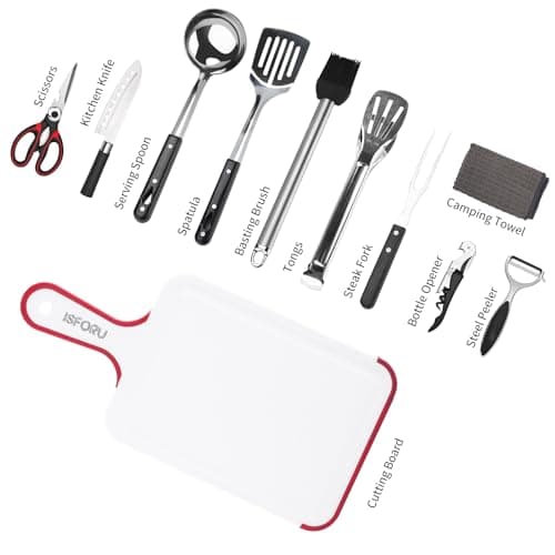 Camping Accessories Set,ISFORU 10PCS Camping Kitchen Cookware Utensil Organizer Travel Kit with Peeler, Cutting Board, Bottle Opener and Water Resistant Case for Outdoor Hiking Picnic and Trekking — view 4