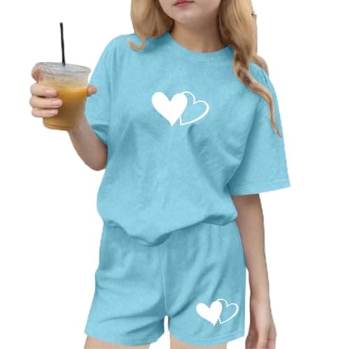 Girls 2 Piece Casual Shorts Set, Summer Short Sleeve Tshirt & Wide Leg Shorts Two Piece Outfits Loungewear Quick-Drying Outdoor Running Casual Wear Sky Blue 11 Years