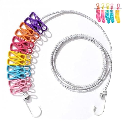 FiTspi Travel Washing Line, Portable Camping Washing Line with 12 Colorful Pegs, Elastic Retractable Clothesline for Indoor Laundry Drying Clothesline,Outdoor Camping Accessories