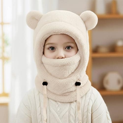 DRESHOW Balaclava Thermal Kids Windproof Fleece Ski Balaclava Winter Neck Warmer Hood Ski Fleece Hat with Cute Fluffy Ears for Girls Cycling Skating Hiking Outdoor Above Age 3 and Under Age 10 — view 3