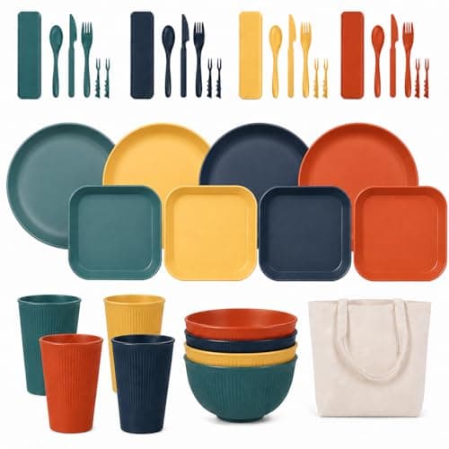 AURALIN Camping Dinnerware Set for 4 41 Pieces Food-Grade PP Canvas Bag