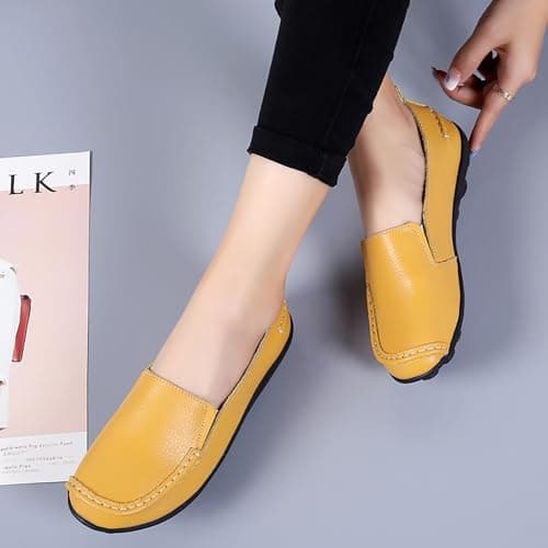 Sunporx Women Casual Leather Loafers Yellow — view 5