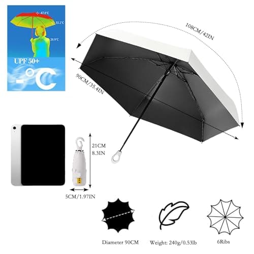 Travebo Mini Travel Folding Umbrella with Carabiner Ring Handle for Women Kids,Lightweight Compact,Portable Small,Handbag,Pocket,UV Protection,Fiberglass Ribs,Teflon coating,Rain Sun — view 2