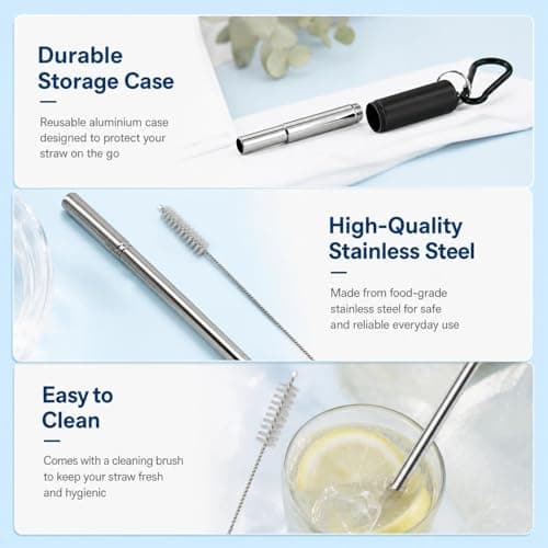 Metal Straws Reusable with Case and Cleaning Brush, Stainless Steel Collapsible Telescopic Drinking Straw, Portable Travel Metal Straw Set for Home Office and Travel Use (Black) — view 3