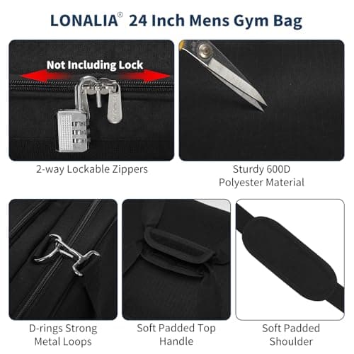 LONALIA 54L Mens Sports Gym Bag with Shoes Compartment - 24 inch Holdall Duffle Bags for Football Fitness Weekend (Black) — view 4