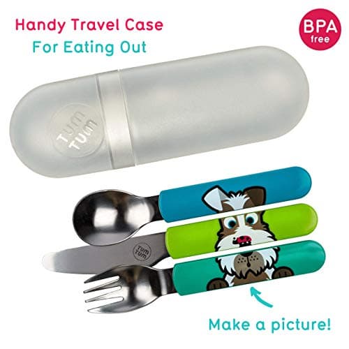 TUM TUM Toddler Cutlery Set with Travel Case, 3 Pcs Kids Cutlery Set Stainless Steel Includes 1 x Fork/Spoon/Knife, Kids Travel Cutlery Sets, BPA Free (Scruff The Dog) — view 2