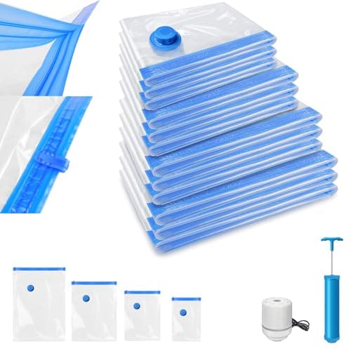 Travel Vacuum Bags with Pump, 12 Pack (3 Jumbo, 3 Large, 3 Medium, 3 Small) Reusable Space Saver Vacuum Storage Bags with Airtight Valve and Secure Double Zip, for Clothes, Pillows, Comforters