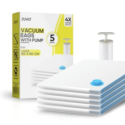 Zuvo Large Vacuum Storage Bags with Pump (Pack of 5) – Heavy-Duty Space Saver for Clothes, Bedding & Travel – Durable, Reusable & Airtight Compression Bags