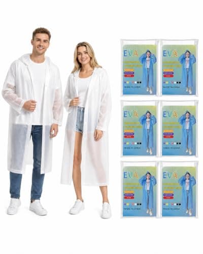 6 Pack Rain Ponchos for Adults Reusable - EVA Raincoat with Drawstring Hood