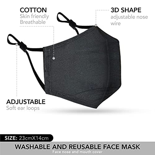 Cotton Face Mask 5 Pack | Handmade in UK Washable Reusable with Nose Wire | Filter Pocket | Adjustable Ear Loops | 3 Layers Cloth Face Masks for Women Men — view 2