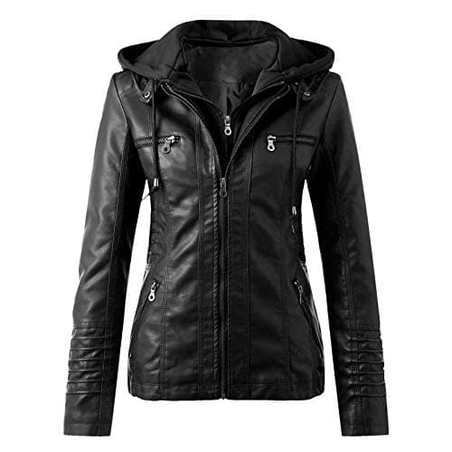 LOIJMK Women's Biker Jacket, Women's Hooded Motorcycle Jacket, Funky Slim Faux Leather Jacket, Trendy Functional Jacket for Women with Hood, Long Sleeve Transition Jacket, Outdoor Jacket, Slim Fit