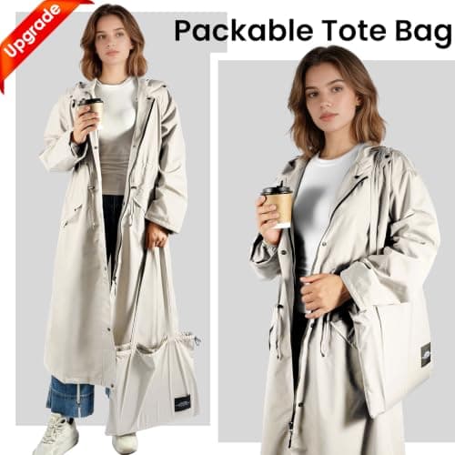 SOPPY Women's Long Waterproof Raincoat, Lightweight Hooded Rain Jacket, Beige, XL — view 6